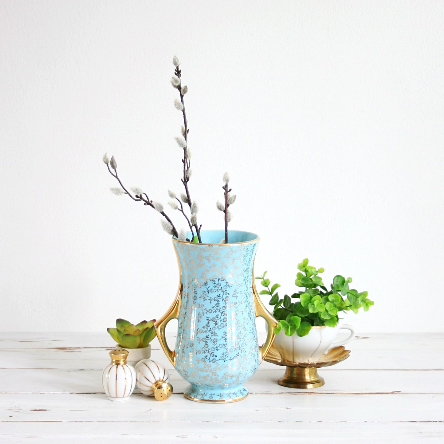 SOLD - Vintage Pearl China Co. Aqua Blue and 22 kt Gold Vase