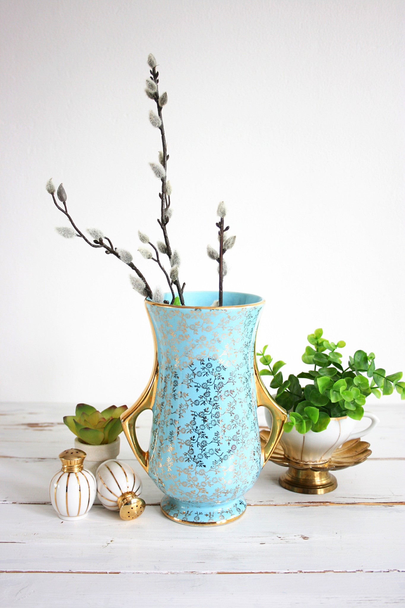 SOLD - Vintage Pearl China Co. Aqua Blue and 22 kt Gold Vase