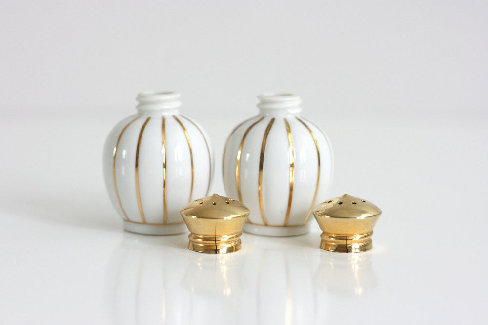 SOLD - Mid Century Gold and White Striped Salt and Pepper Shakers by Irice
