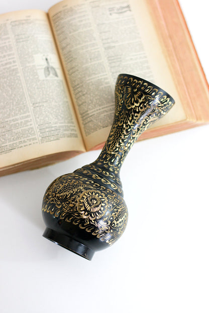 SOLD - Vintage Etched Brass Gold and Black Enameled Vase from India