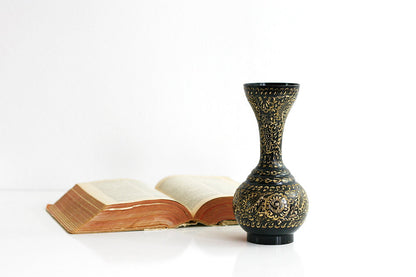 SOLD - Vintage Etched Brass Gold and Black Enameled Vase from India