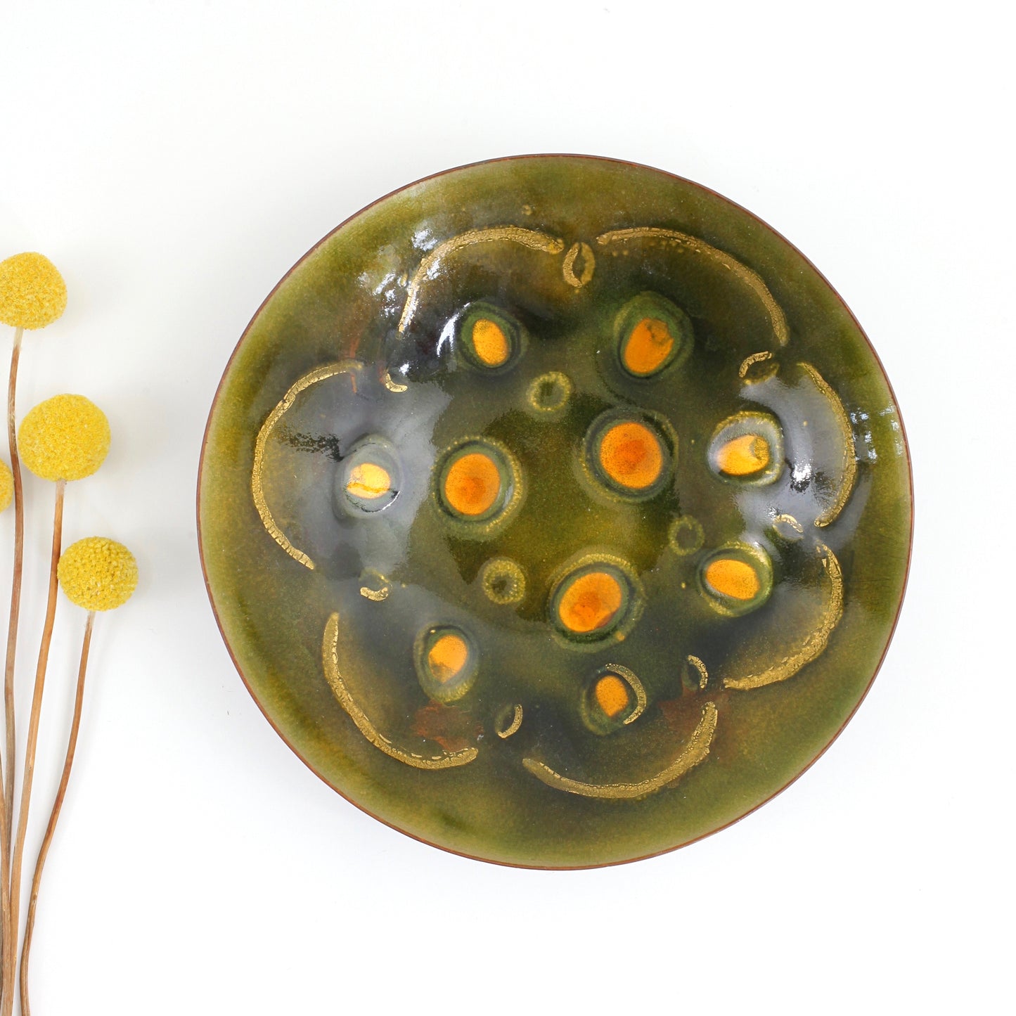 SOLD - Mid Century Moss Green & Gold Enamel Bowl