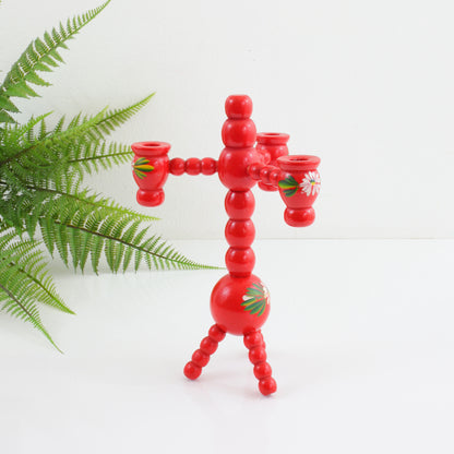 SOLD - Small Vintage Red Swedish Wood Ball Candelabra