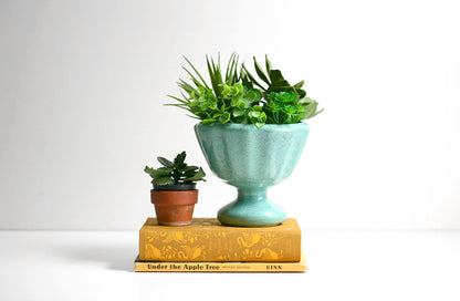 SOLD - Mid Century Modern Aqua Blue Pedestal Planter / Vintage Ceramic Planter