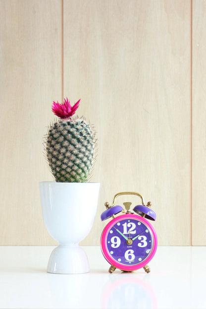 SOLD - Vintage Neon Pink and Purple Sheffield Alarm Clock / Colorful Retro Alarm Clock