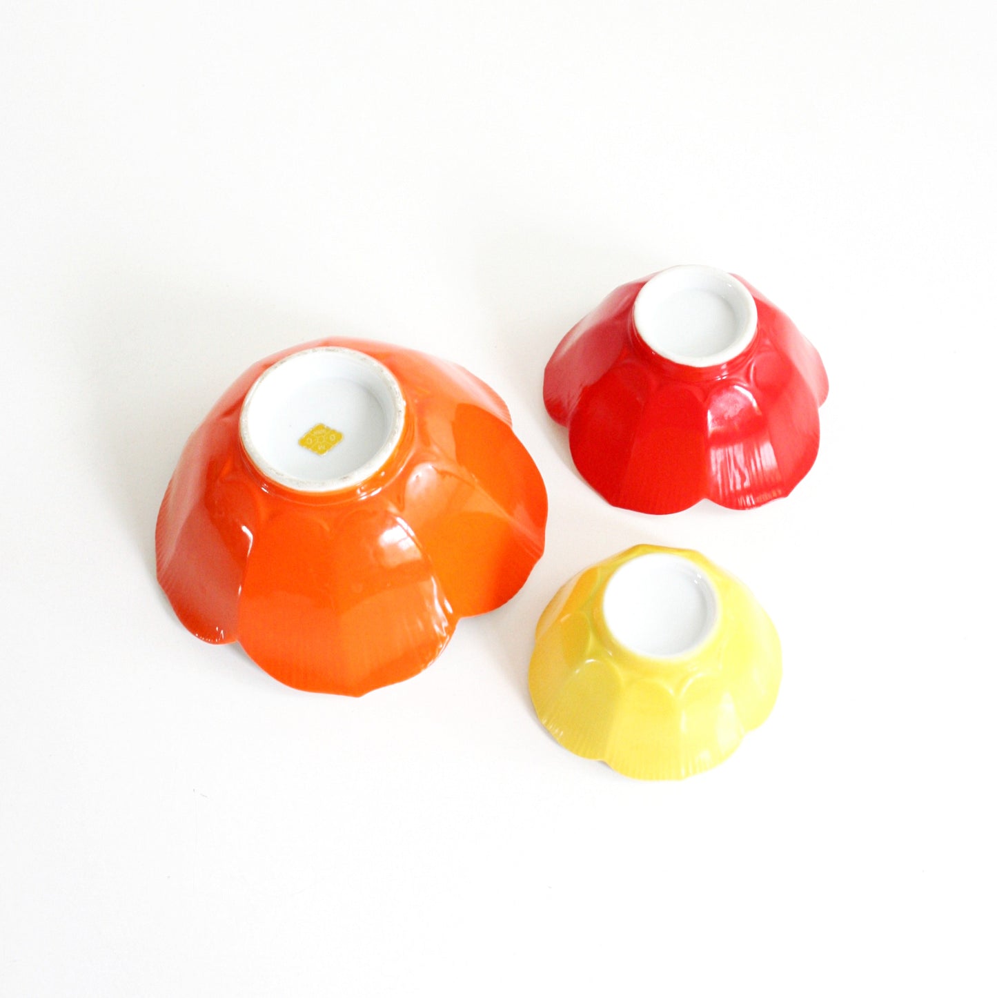 SOLD - Vintage Set of Colorful Lotus Bowls / Mid Century Porcelain Flower Bowls in Red, Orange, and Yellow