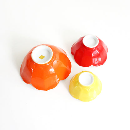 SOLD - Vintage Set of Colorful Lotus Bowls / Mid Century Porcelain Flower Bowls in Red, Orange, and Yellow