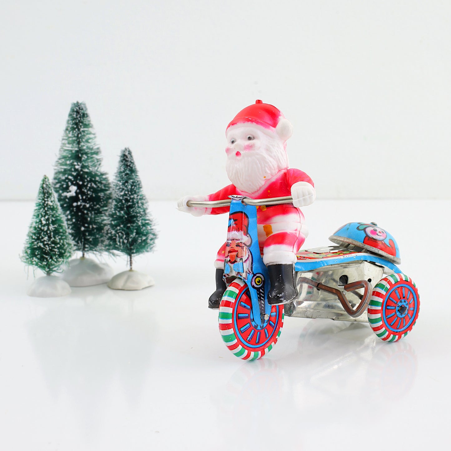 SOLD - Vintage Tin Lithograph Santa on Motorbike Wind-Up Toy